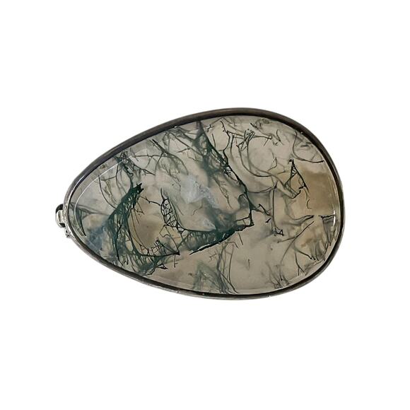 1980s Natural Green Moss Agate 835 Silver Frame Egg Shape Made in Sweden Pin - Picture 4 of 7